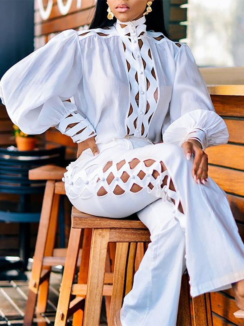 Two Piece Pants Sets Sexy Hollow Out Women Autumn Clothing Stand